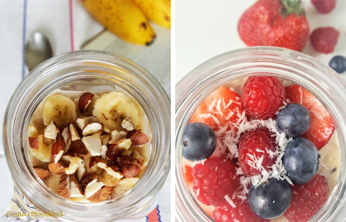 Porridge banana and nuts and porridge strawberry, raspberry and blueberry and coconut.