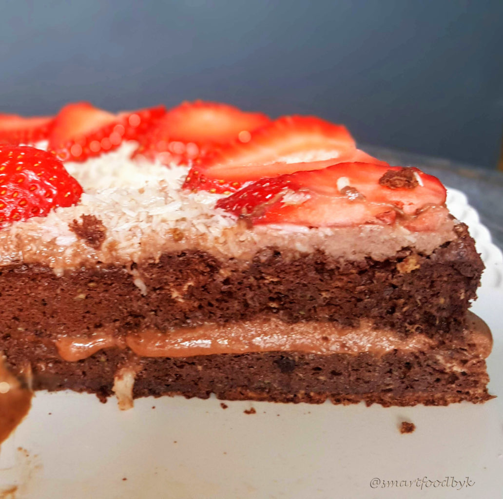 Dark chocolate coconut strawberry cake. Lactose-free. Gluten-free.