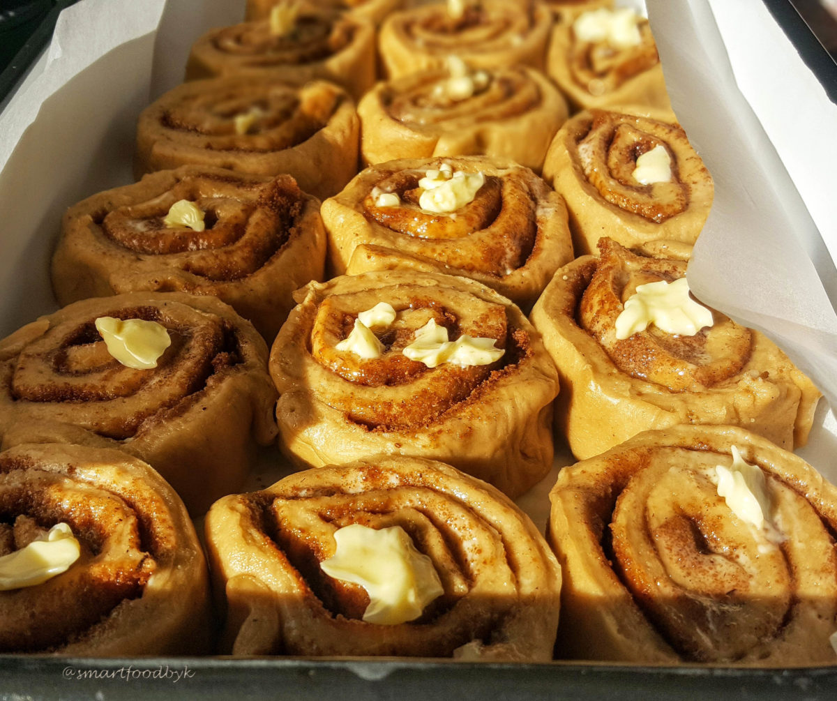 Cinnamon rolls after 15-minute rising under a kitchen towel. 