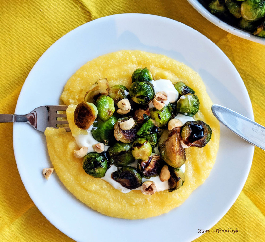 Polenta with glazed Brussels sprouts & roasted hazelnuts
