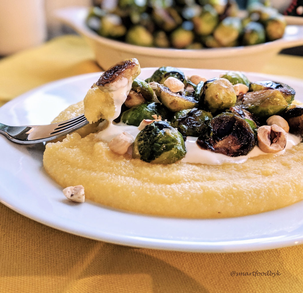 Polenta with maple syrup glazed Brussels sprouts. Polenta aux choux de Bruxelles glacés au sirop d'érable.