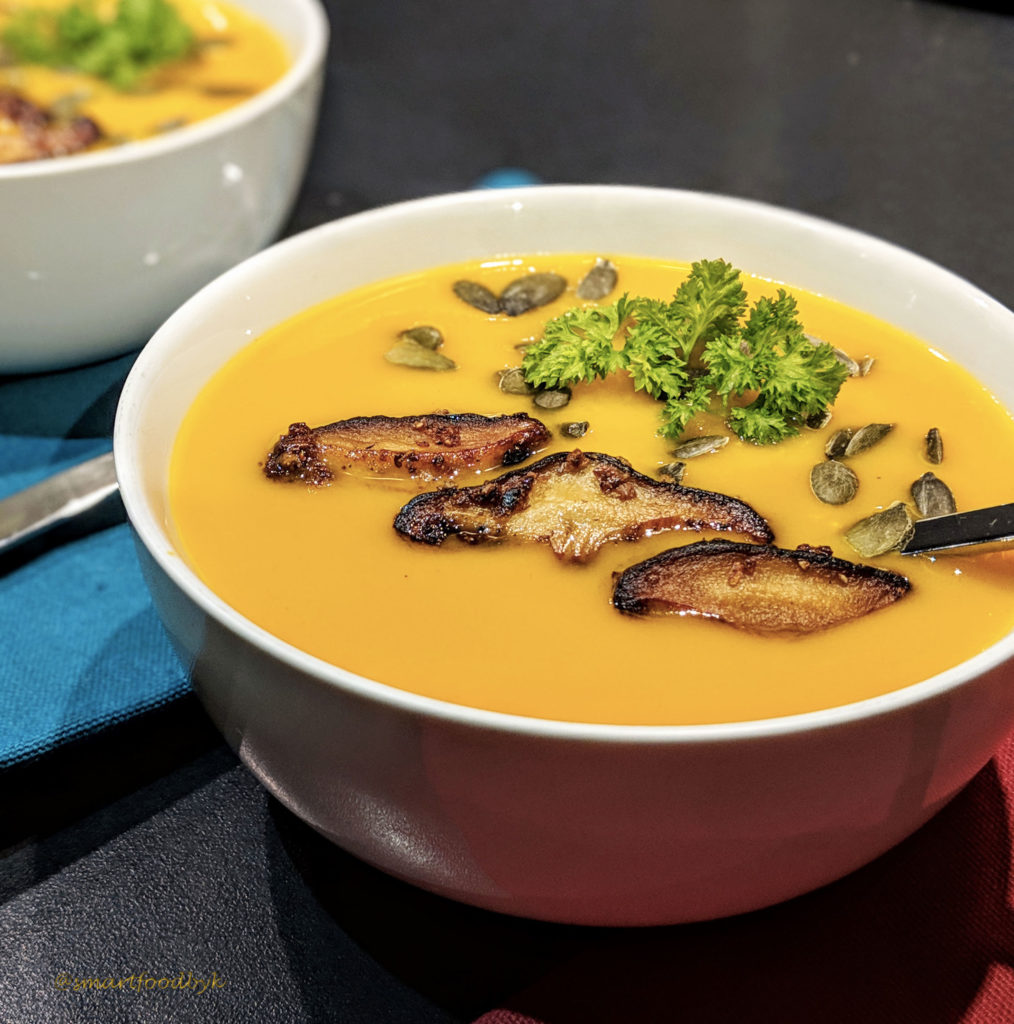 Sweet potato soup with roasted shiitake and pumpkin seeds