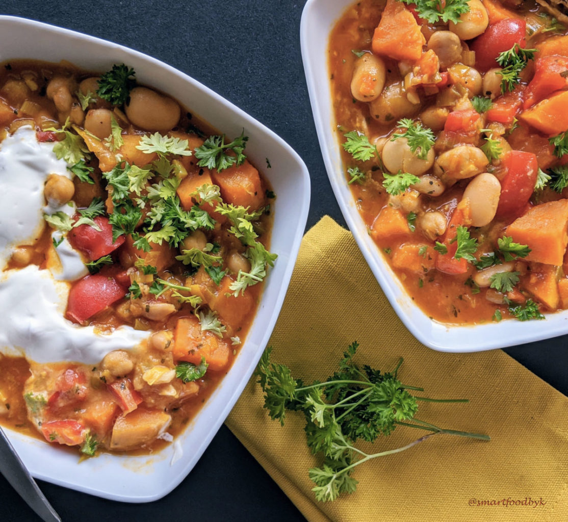 Sweet potato, white beans and chickpeas orange stew