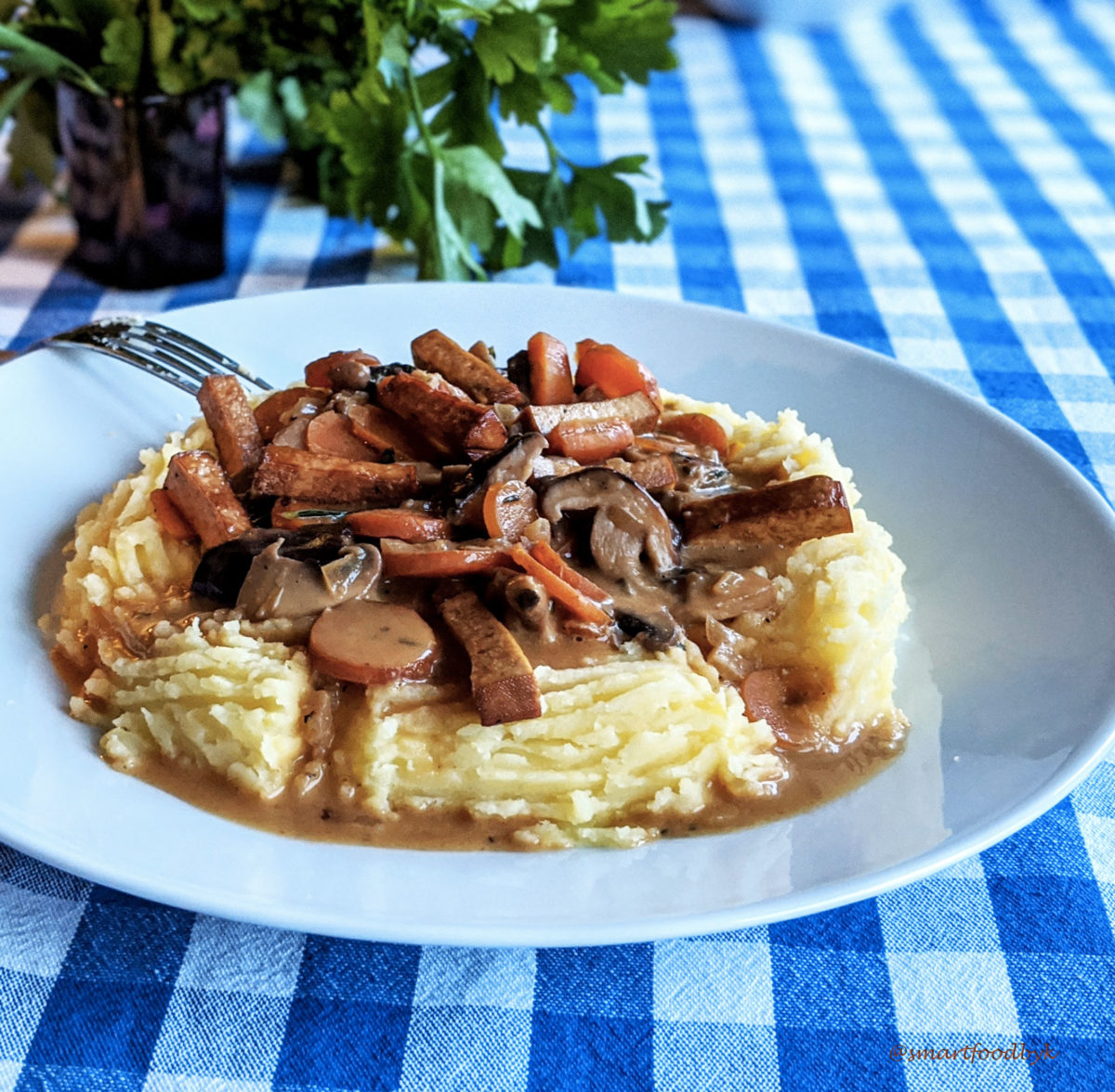 Mushroom and smoked tofu Stroganoff