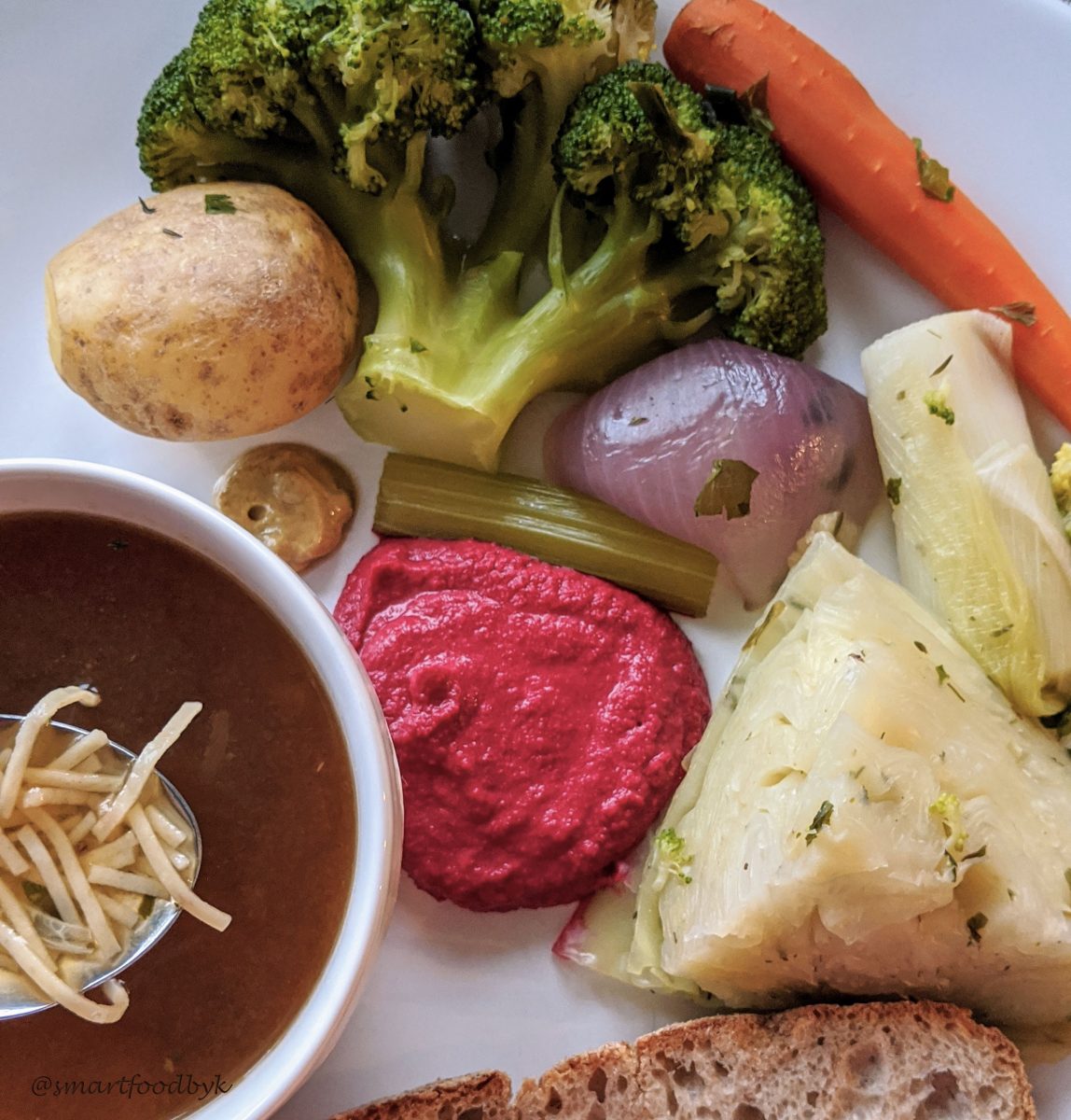 My best veggie broth on a veggie rainbow plate