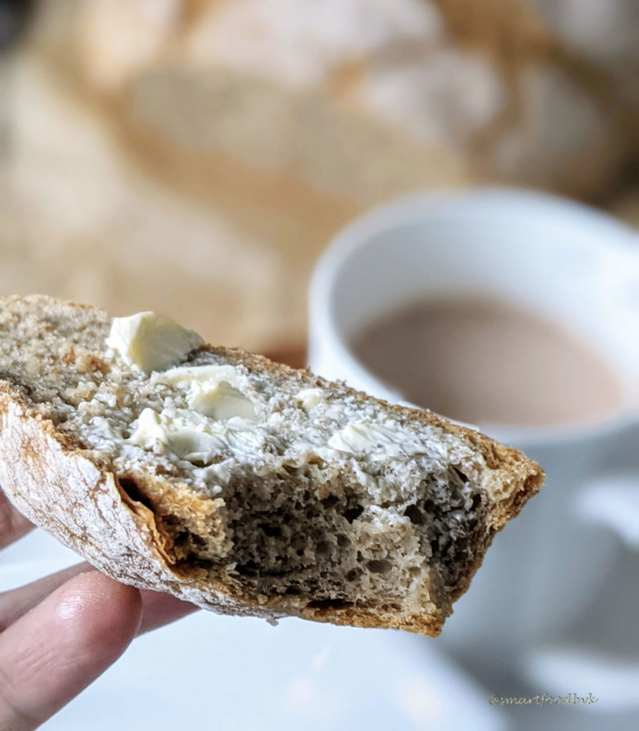 Bread and butter and a cup of hot cocoa. 