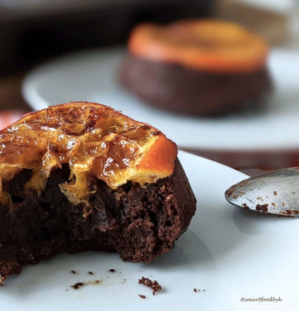 Chocolate orange muffins served upside down.