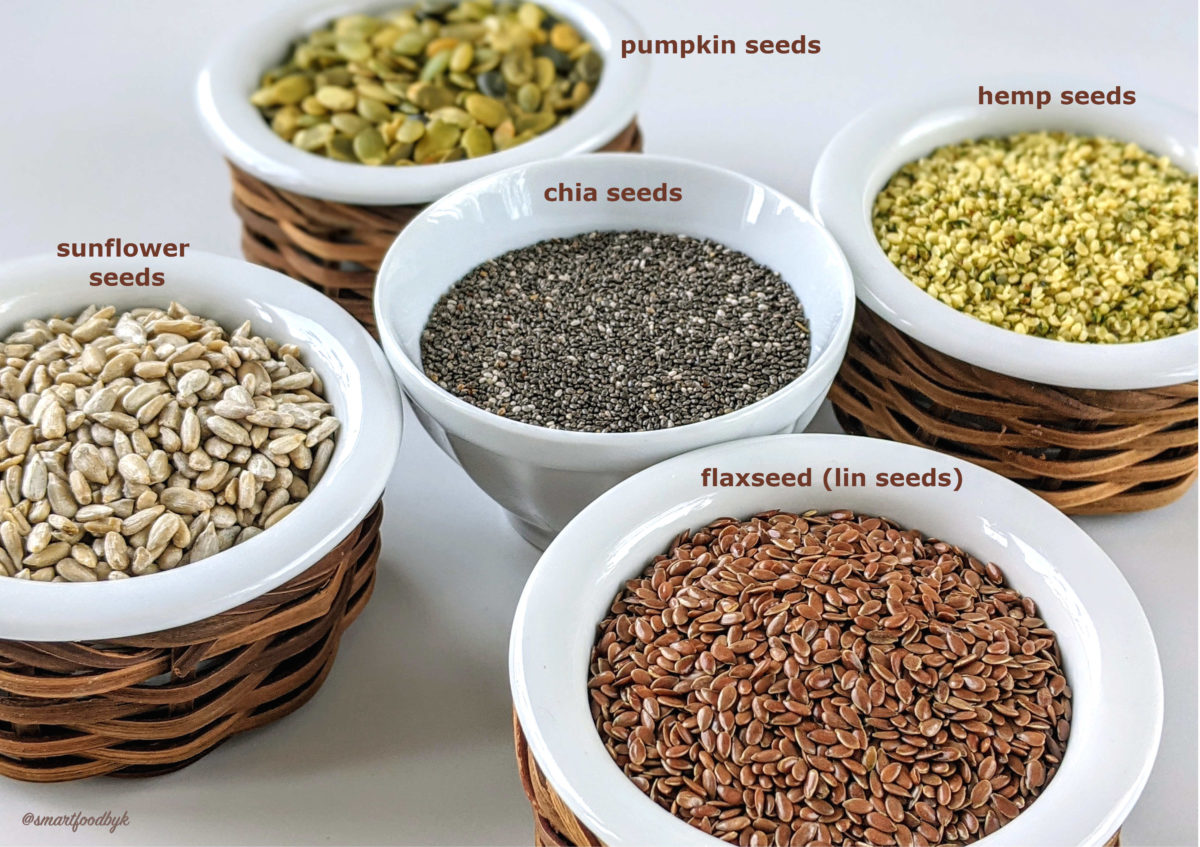 5 superfoods seeds: hempseed, flaxseed (lin seeds), chia seeds, sunflower seeds, pumpkin seeds.